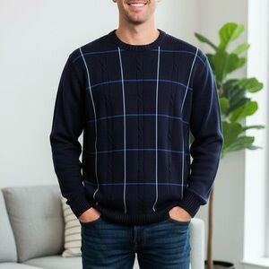 Bill Blass Mens XXL Navy Blue Windowpane Cable Knit Cotton Sweater